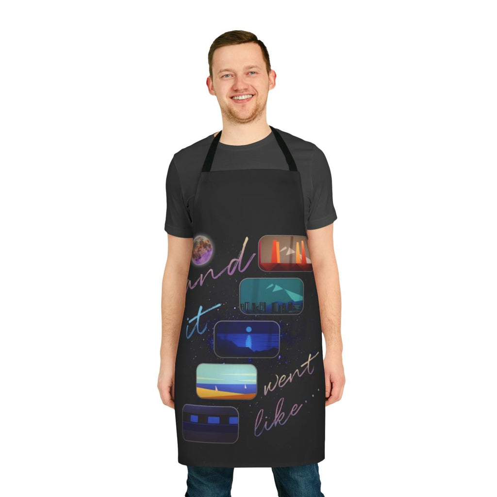 Colorful abstract design featuring moon, stars, and nature elements on a high-quality cotton apron.