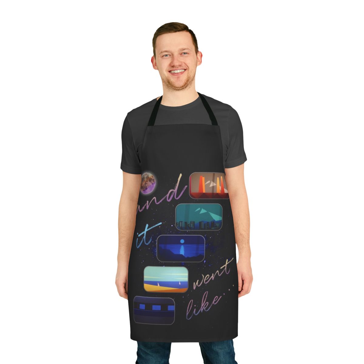 Colorful abstract design featuring moon, stars, and nature elements on a high-quality cotton apron.