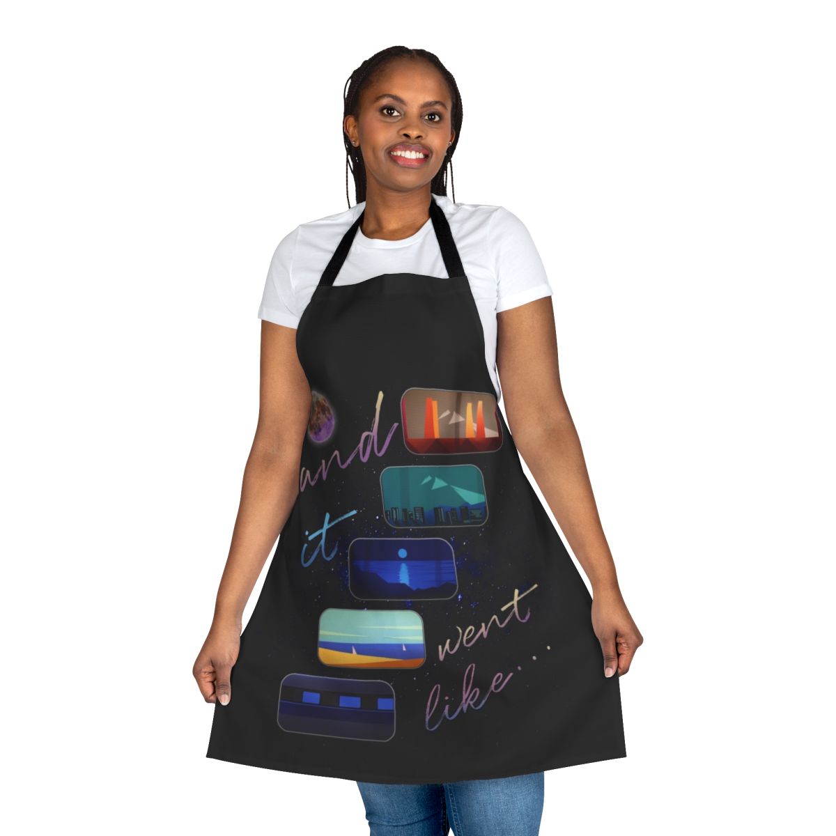 Colorful abstract design featuring moon, stars, and nature elements on a high-quality cotton apron.