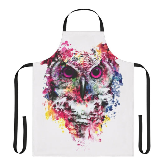 Colorful abstract artwork of an owl's face on an apron, featuring vibrant blues, reds, and yellows.
