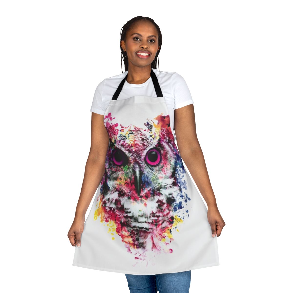 Colorful abstract artwork of an owl's face on an apron, featuring vibrant blues, reds, and yellows.