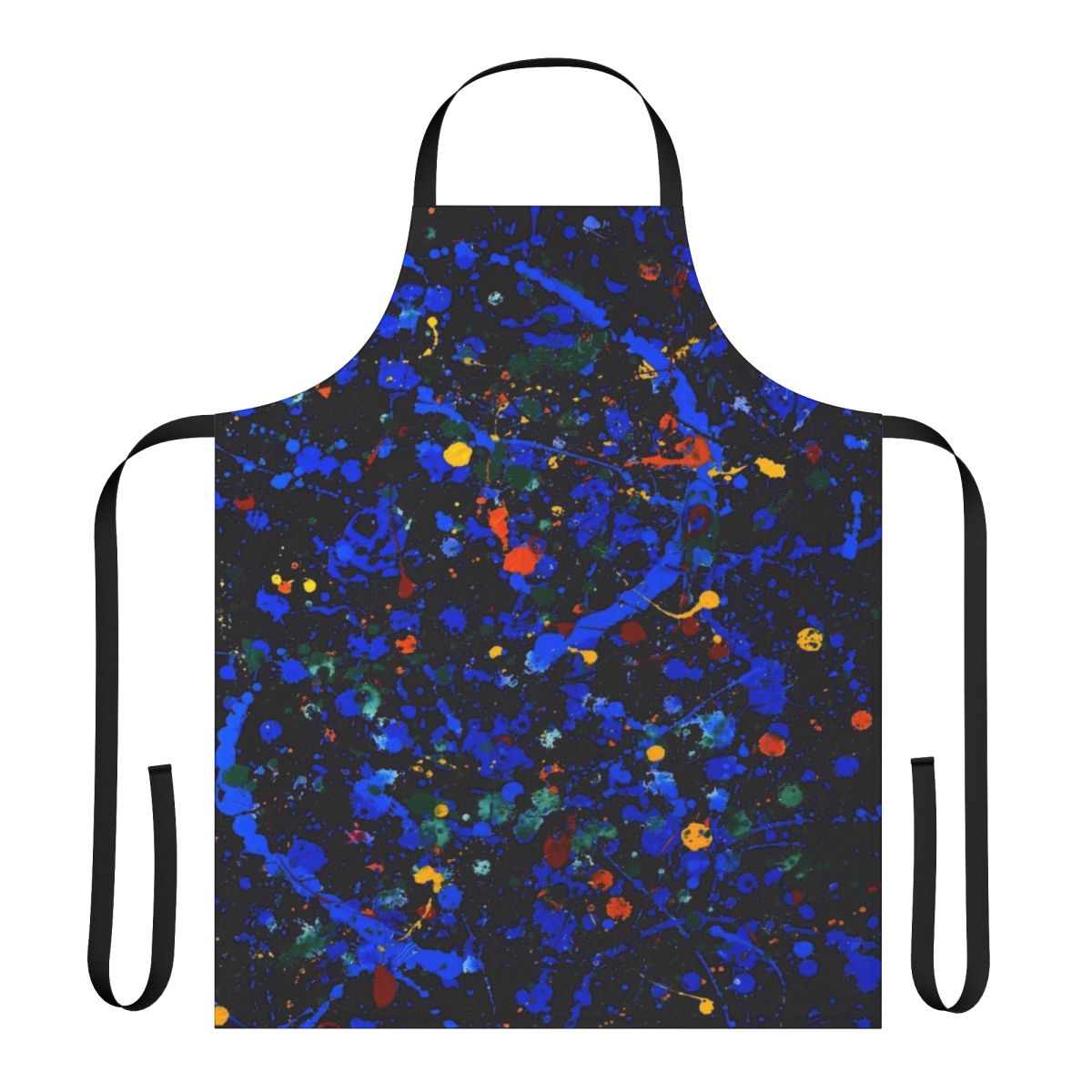 An abstract, colorful apron inspired by the iconic paintings of Jackson Pollock.