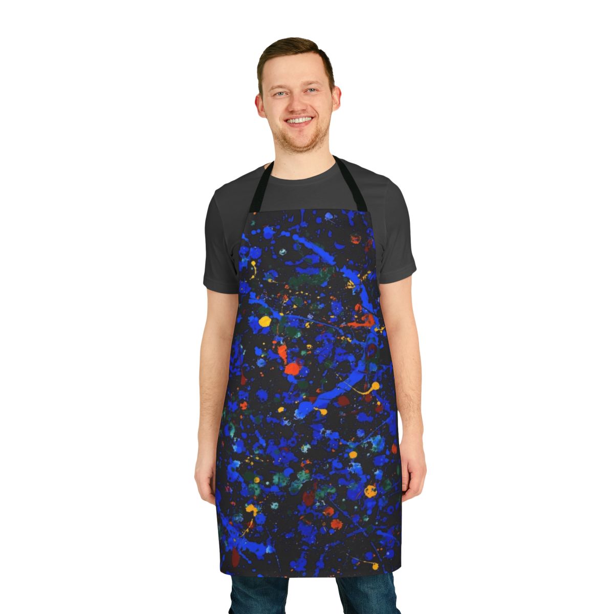 An abstract, colorful apron inspired by the iconic paintings of Jackson Pollock.
