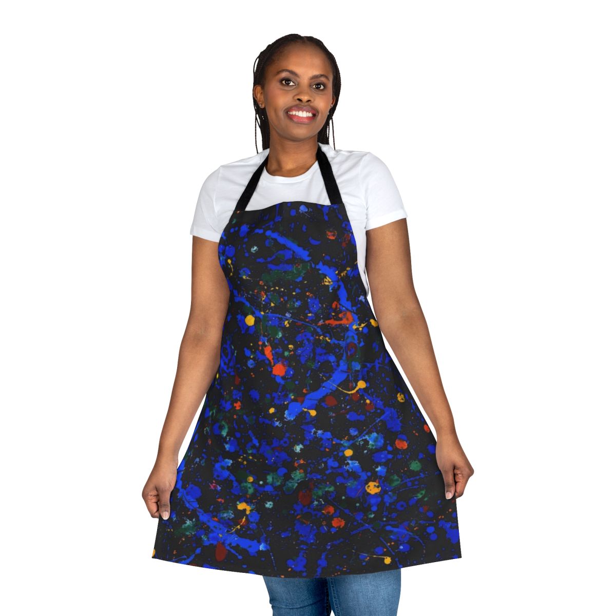 An abstract, colorful apron inspired by the iconic paintings of Jackson Pollock.