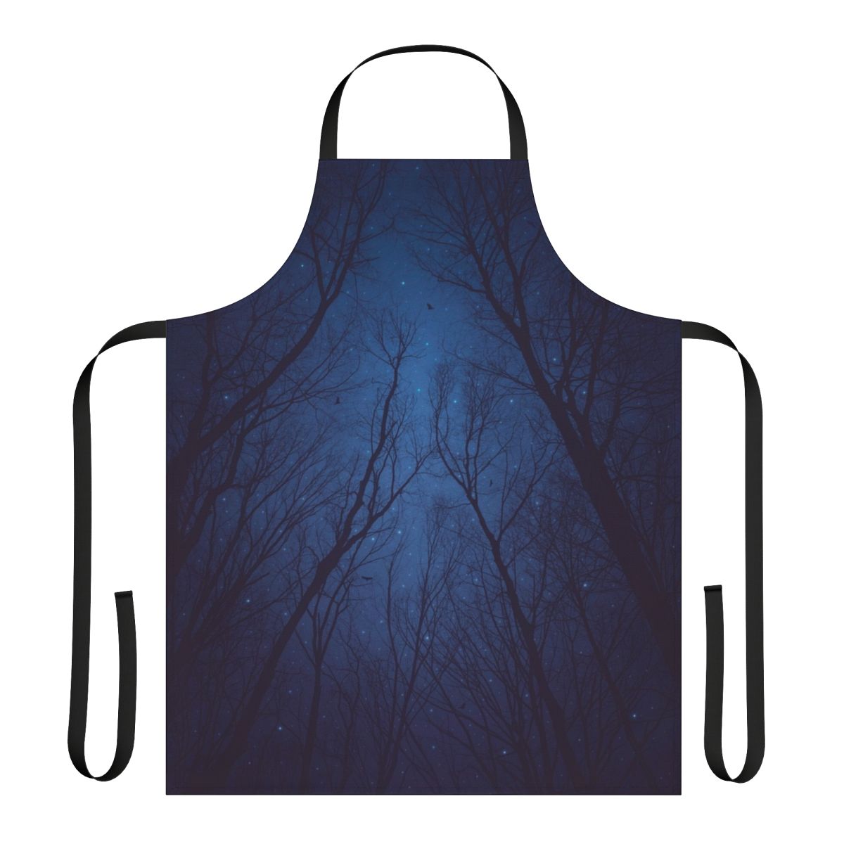 An abstract tree silhouette design against a dark, starry night sky and galaxy print background on an apron.