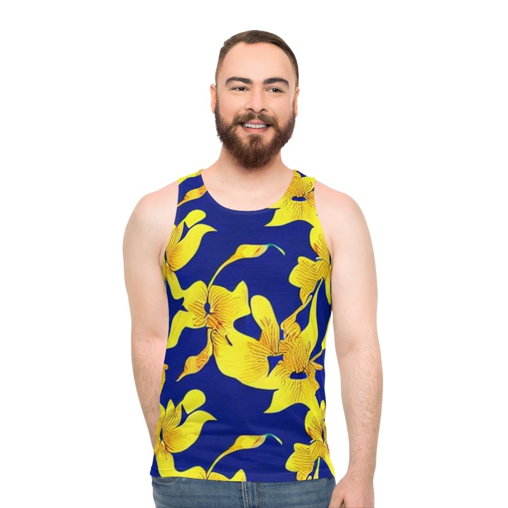 Abstract yellow floral pattern on blue unisex tank top