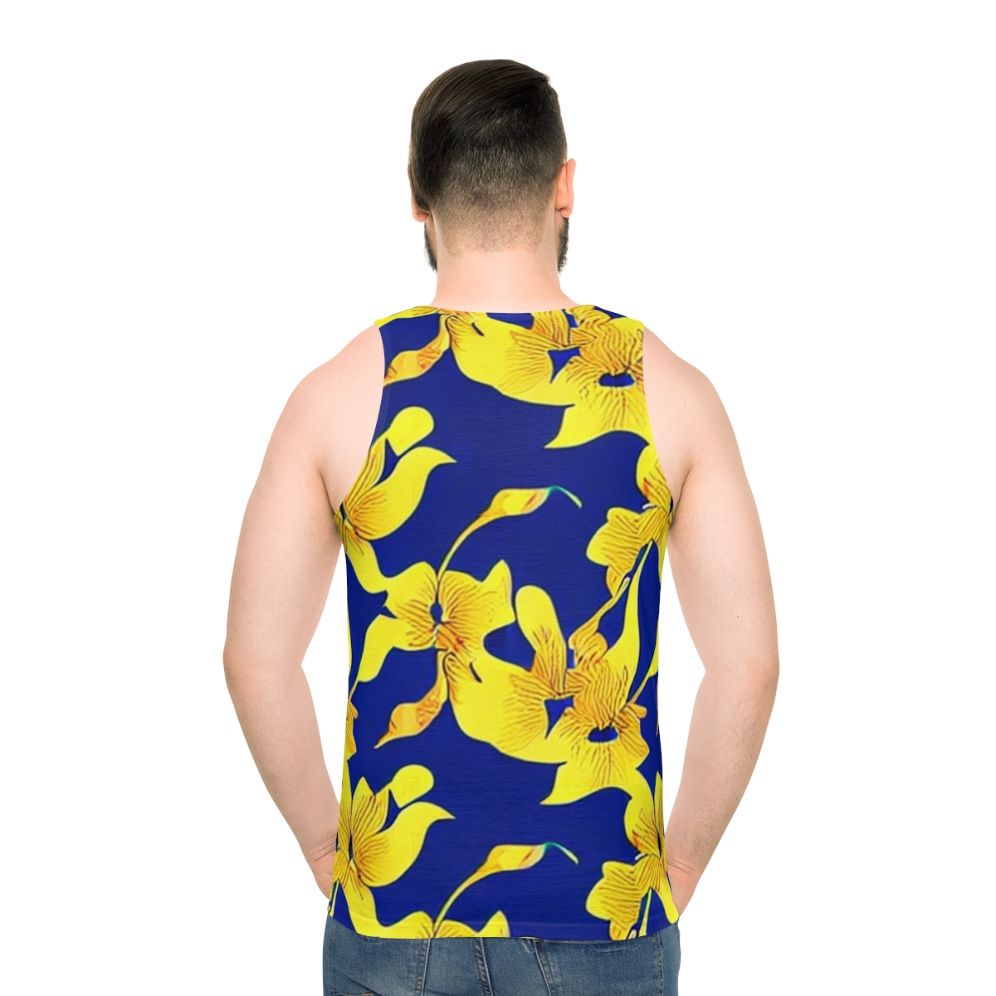 Abstract yellow floral pattern on blue unisex tank top