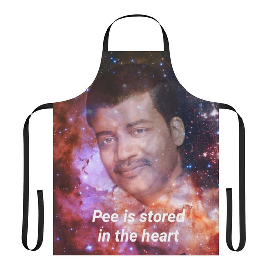 Funny absurdist apron with "Pee is Stored in the Heart" text and ironic, shitpost-style graphic
