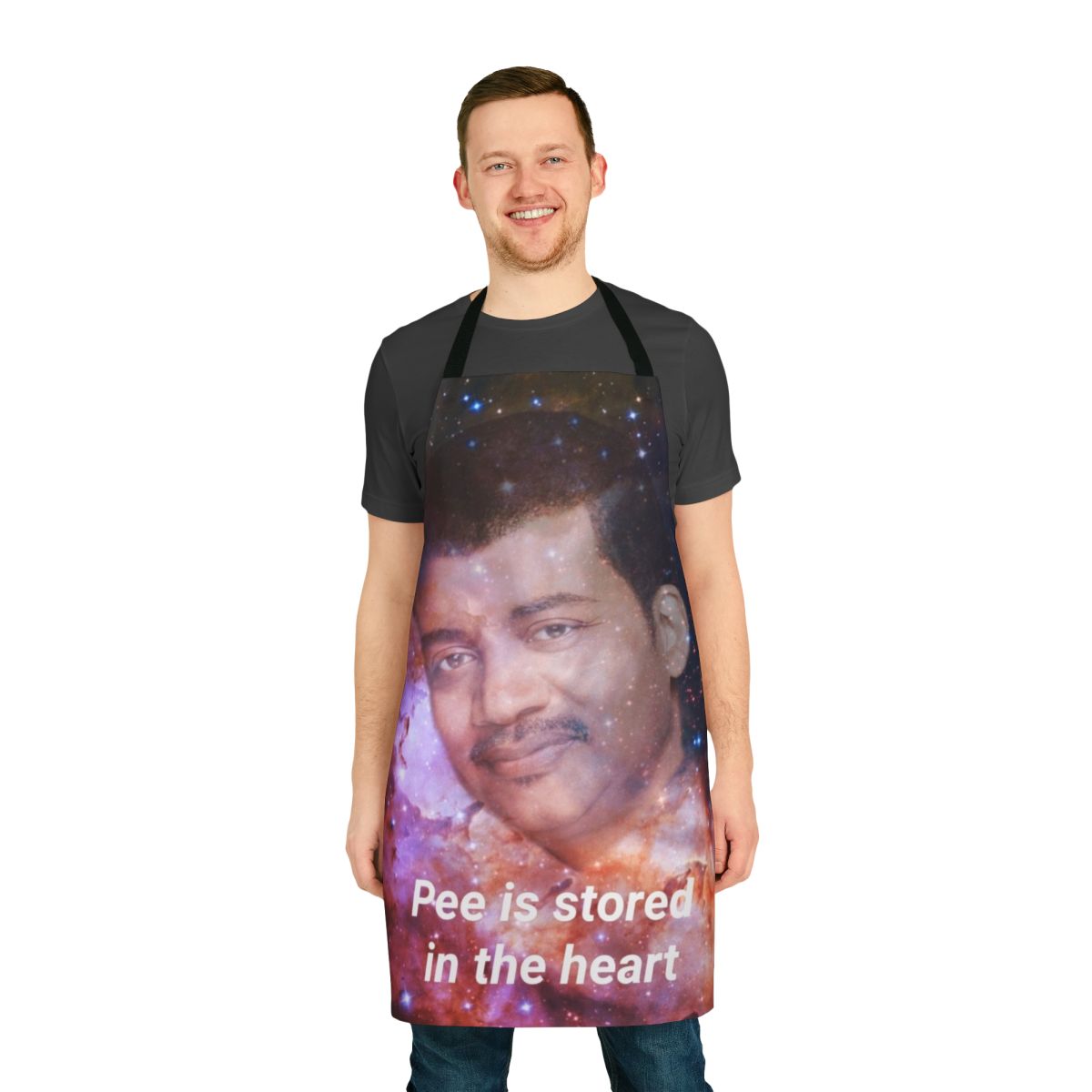Funny absurdist apron with "Pee is Stored in the Heart" text and ironic, shitpost-style graphic