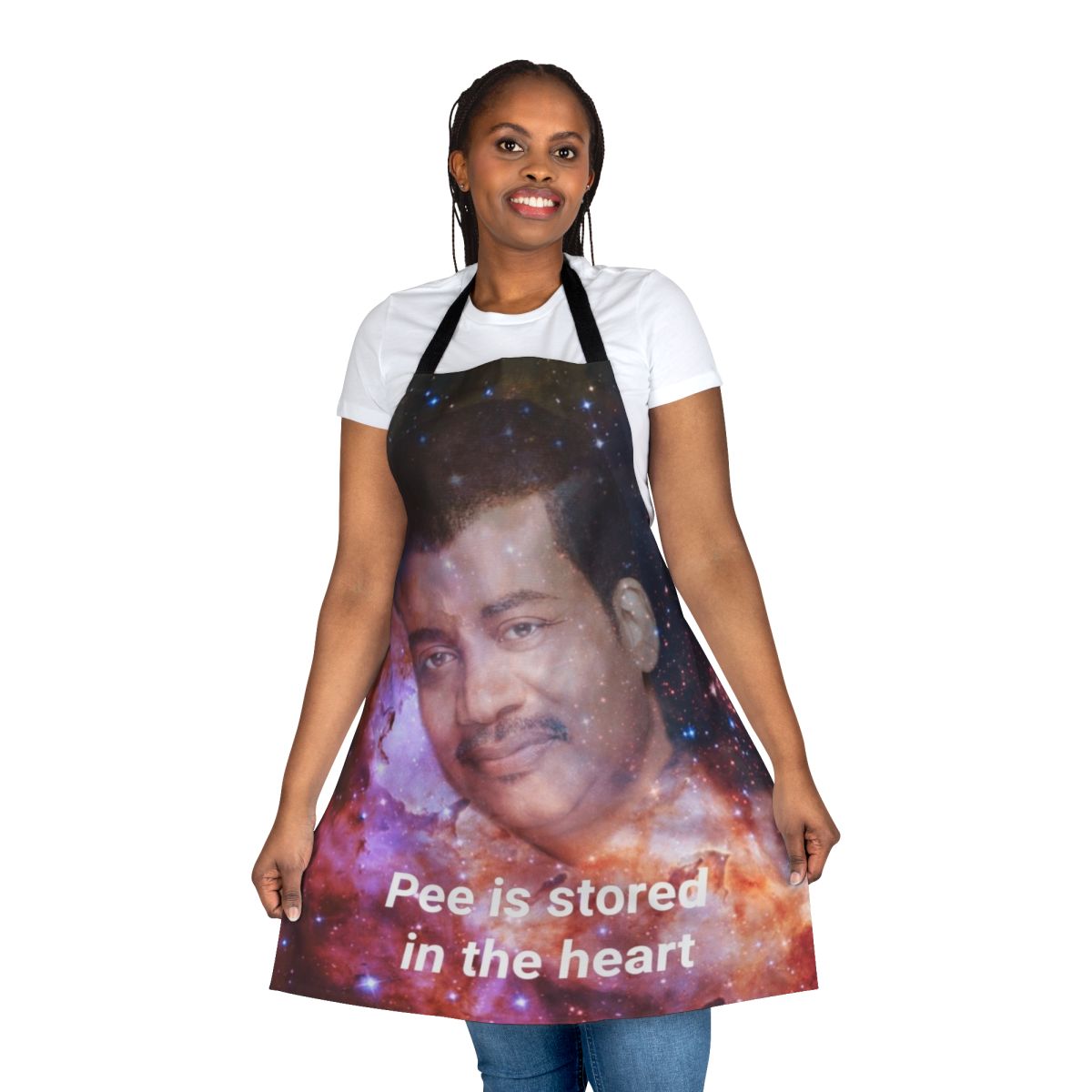 Funny absurdist apron with "Pee is Stored in the Heart" text and ironic, shitpost-style graphic