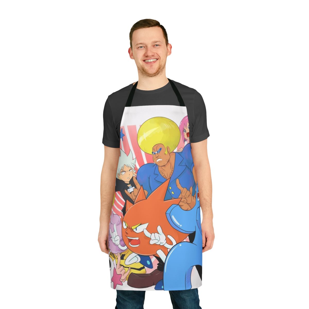 Absurdly funny anime-inspired apron with colorful characters and unique design