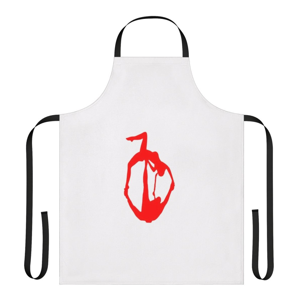 Woman wearing an acroyoga-themed apron while practicing yoga poses