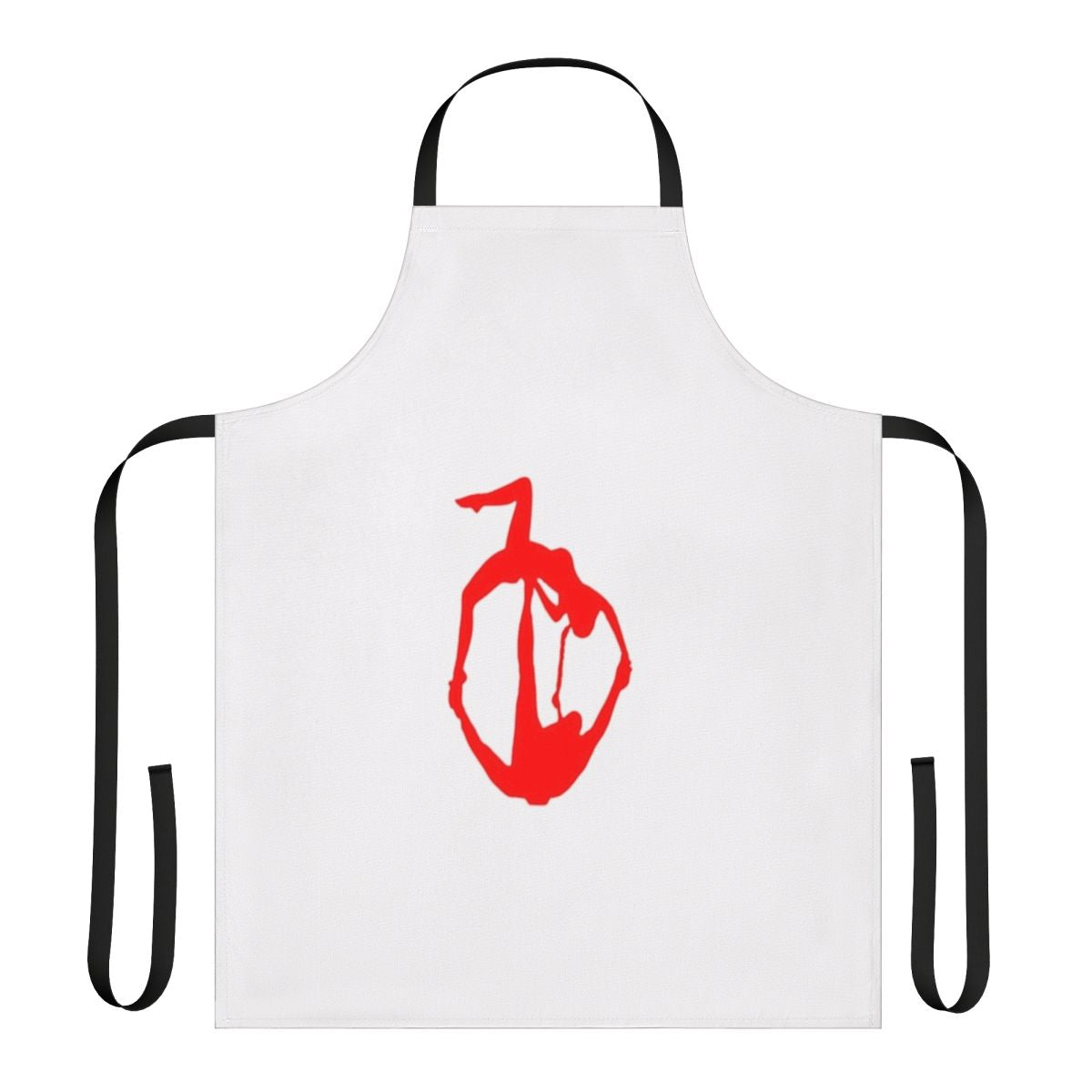 Woman wearing an acroyoga-themed apron while practicing yoga poses