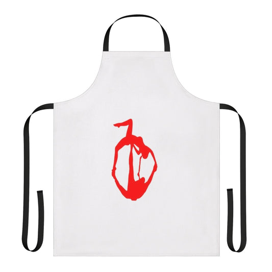Woman wearing an acroyoga-themed apron while practicing yoga poses