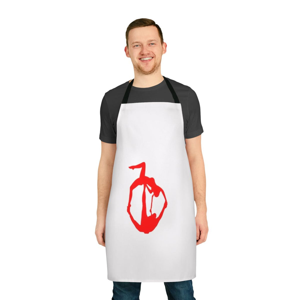 Woman wearing an acroyoga-themed apron while practicing yoga poses