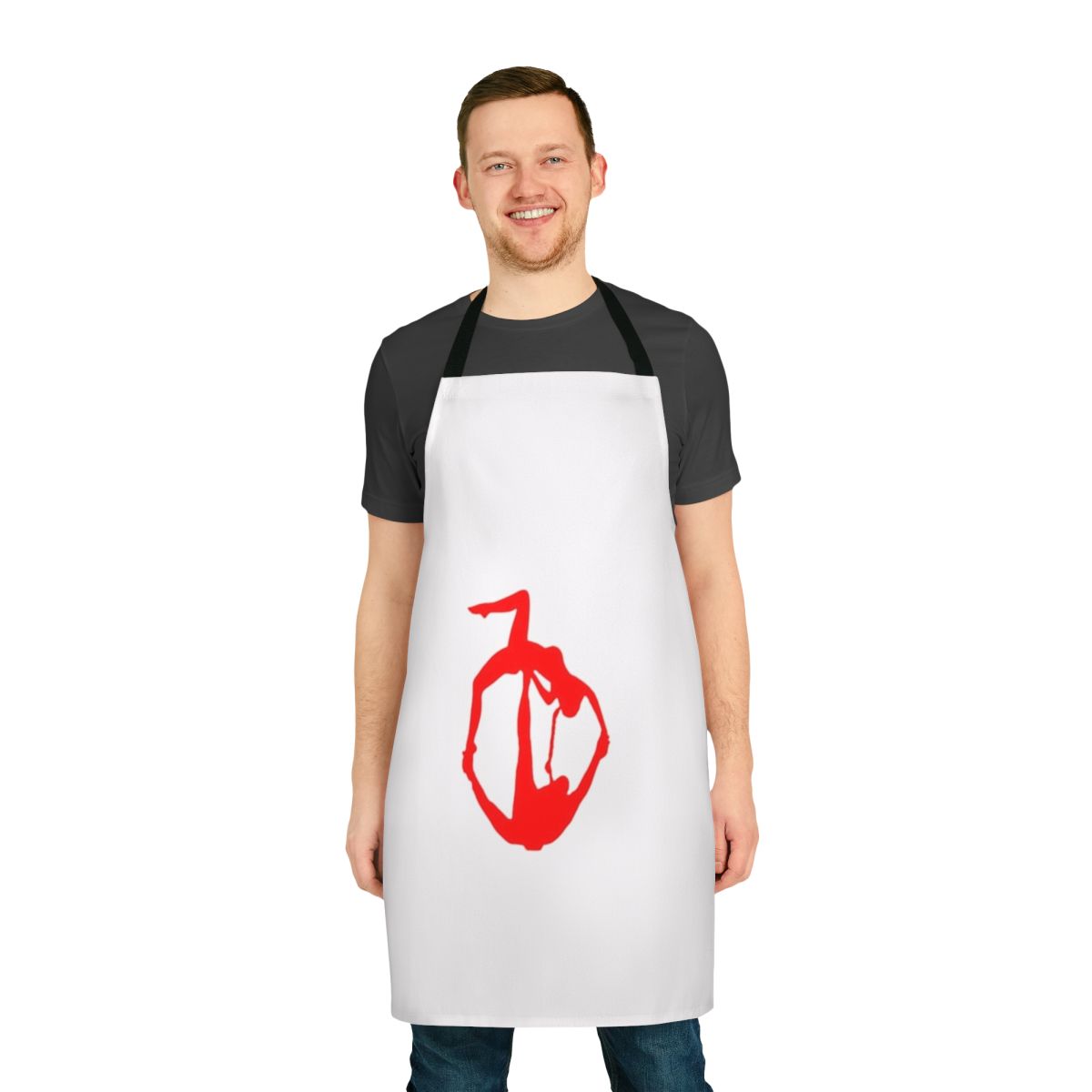 Woman wearing an acroyoga-themed apron while practicing yoga poses
