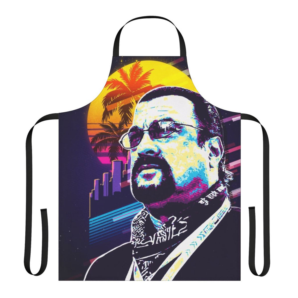 Steven Seagal-inspired apron with his likeness and action-movie vibe