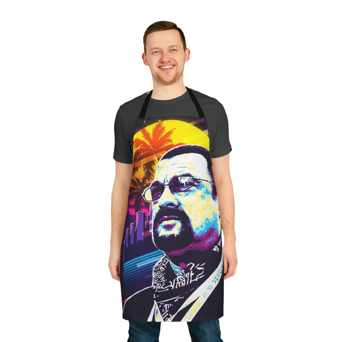 Steven Seagal-inspired apron with his likeness and action-movie vibe