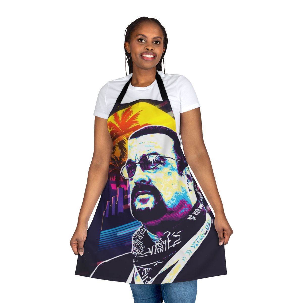 Steven Seagal-inspired apron with his likeness and action-movie vibe