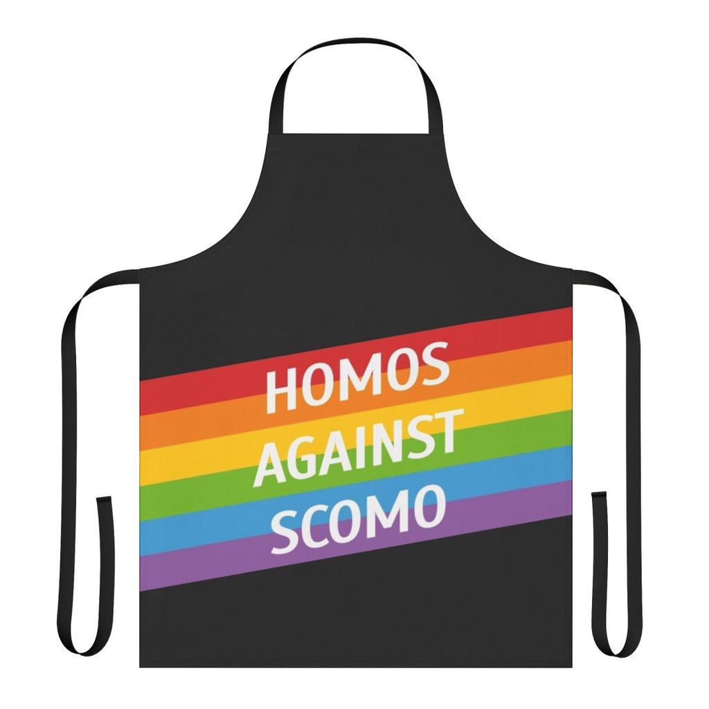 Apron featuring text "Homos Against Scomo" in protest of Australian politics