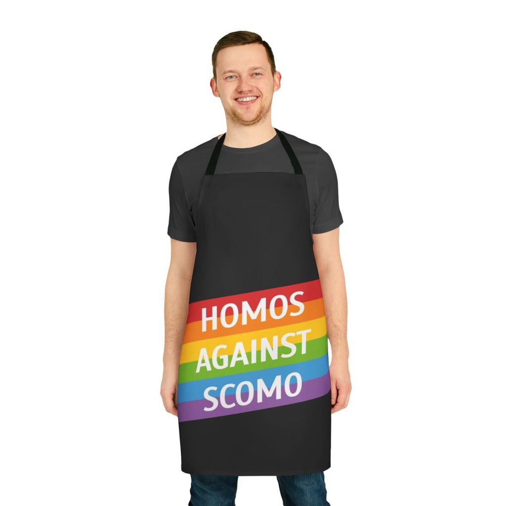 Apron featuring text "Homos Against Scomo" in protest of Australian politics