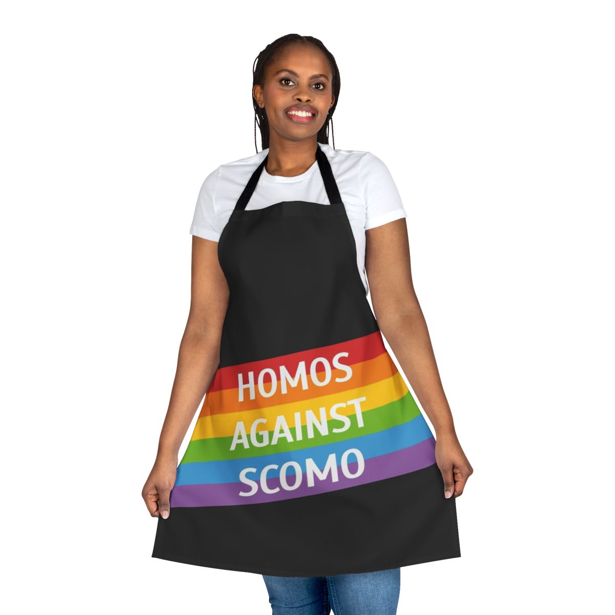 Apron featuring text "Homos Against Scomo" in protest of Australian politics