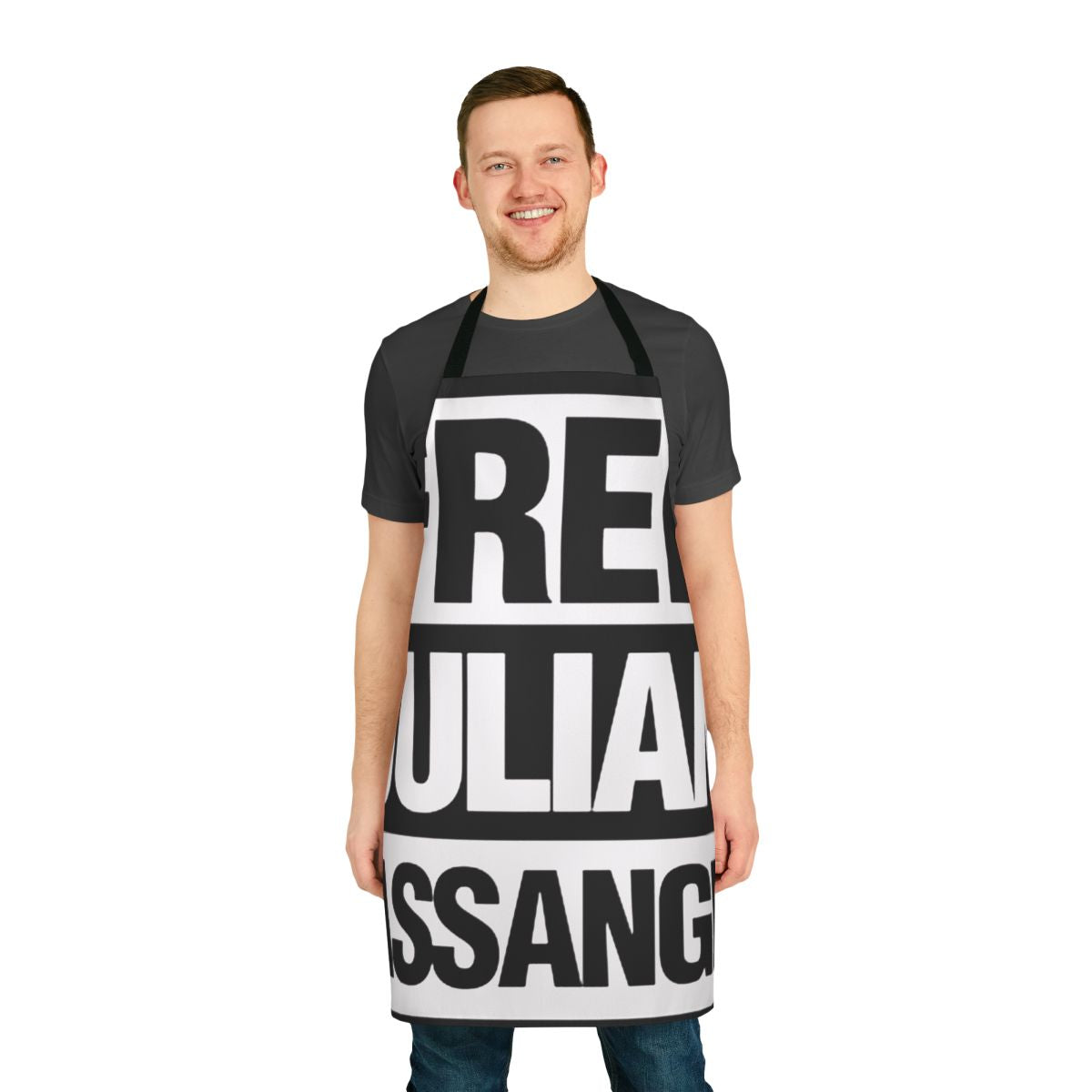 Apron featuring the text "Free Assange" in a typographic style