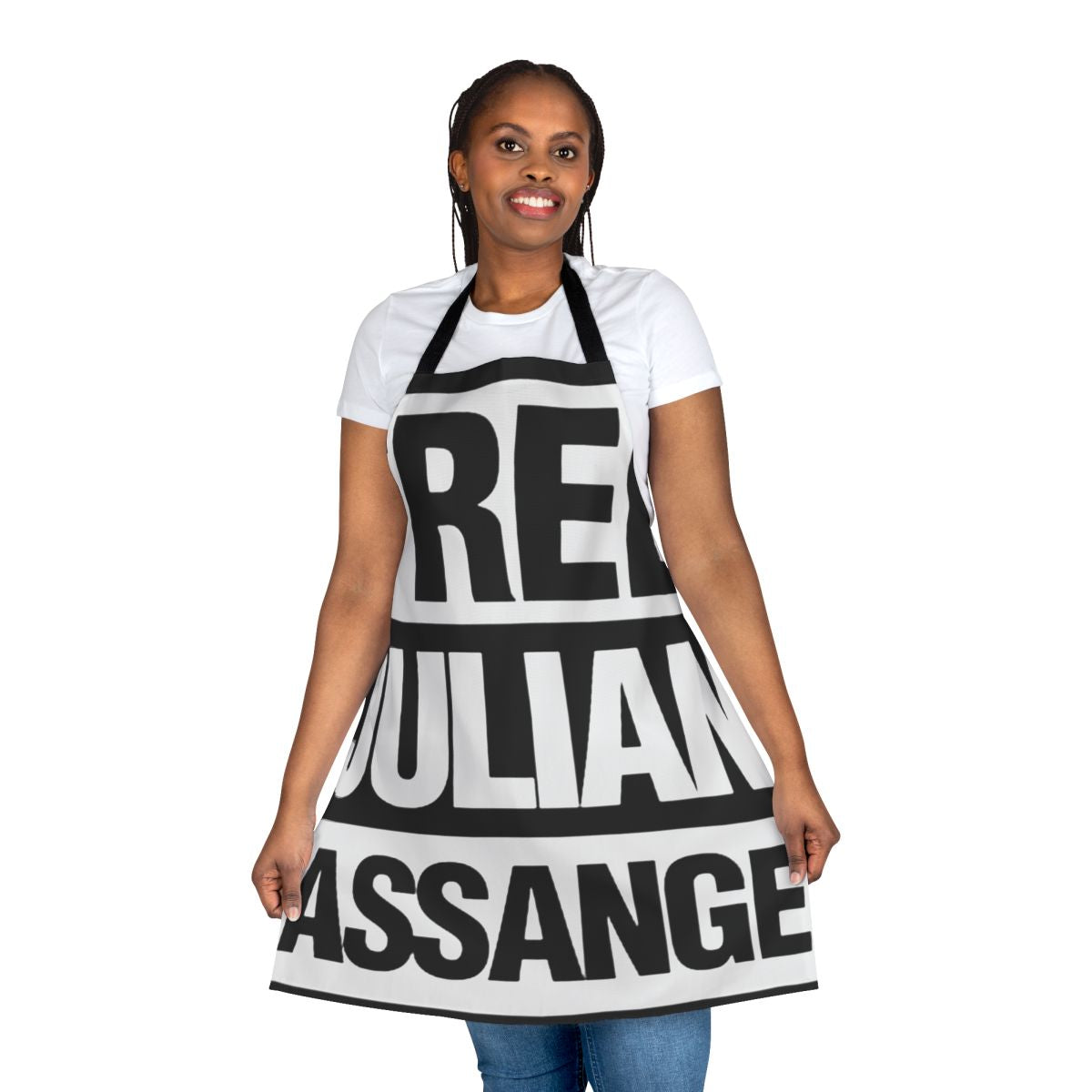 Apron featuring the text "Free Assange" in a typographic style