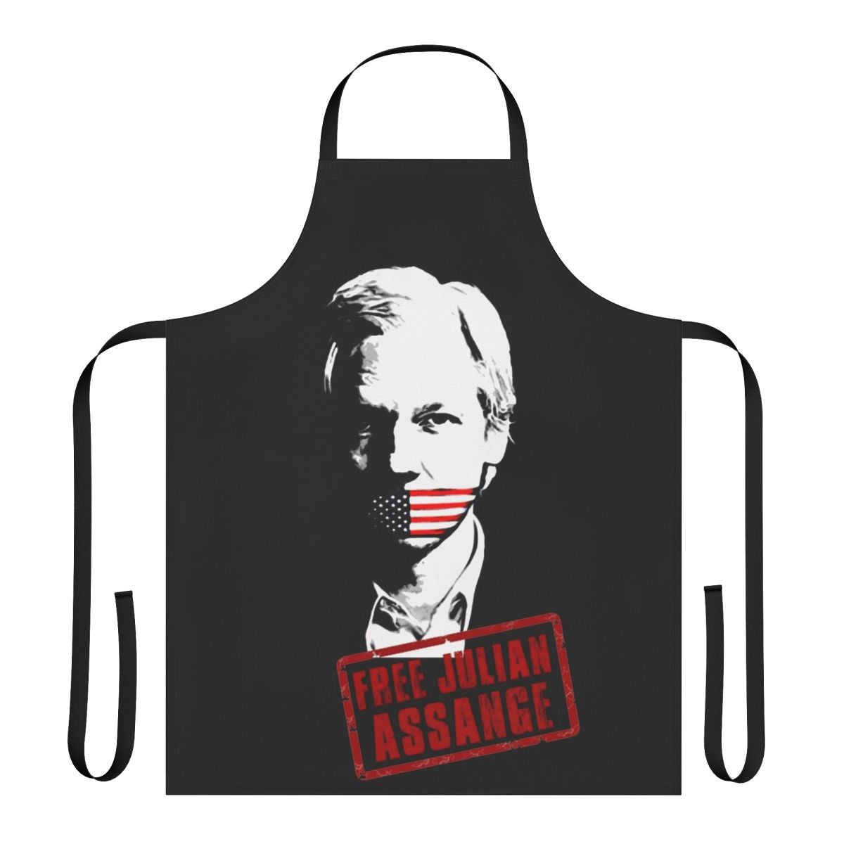 Activist apron with "Free Julian Assange" text and Wikileaks logo