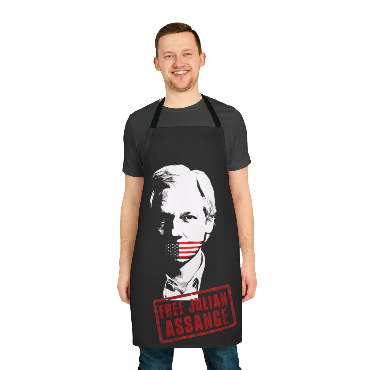 Activist apron with "Free Julian Assange" text and Wikileaks logo