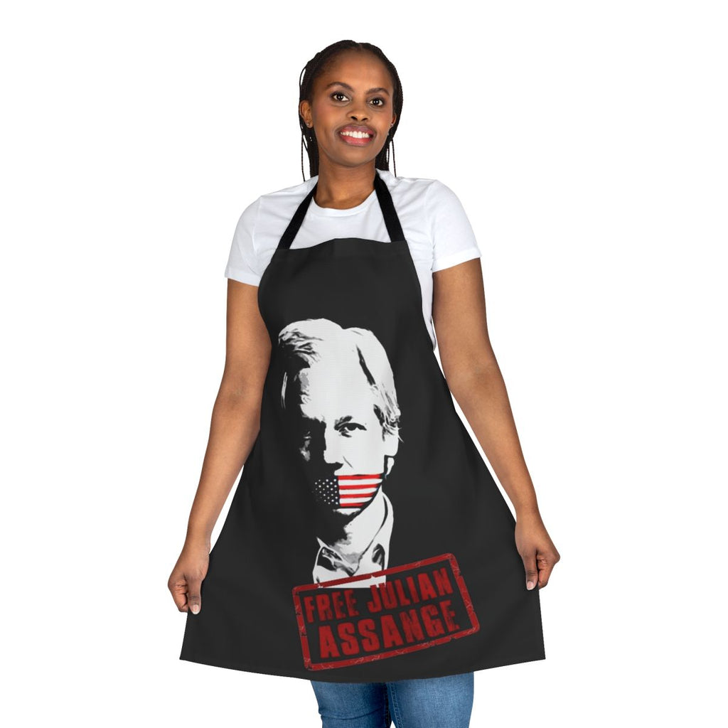 Activist apron with "Free Julian Assange" text and Wikileaks logo