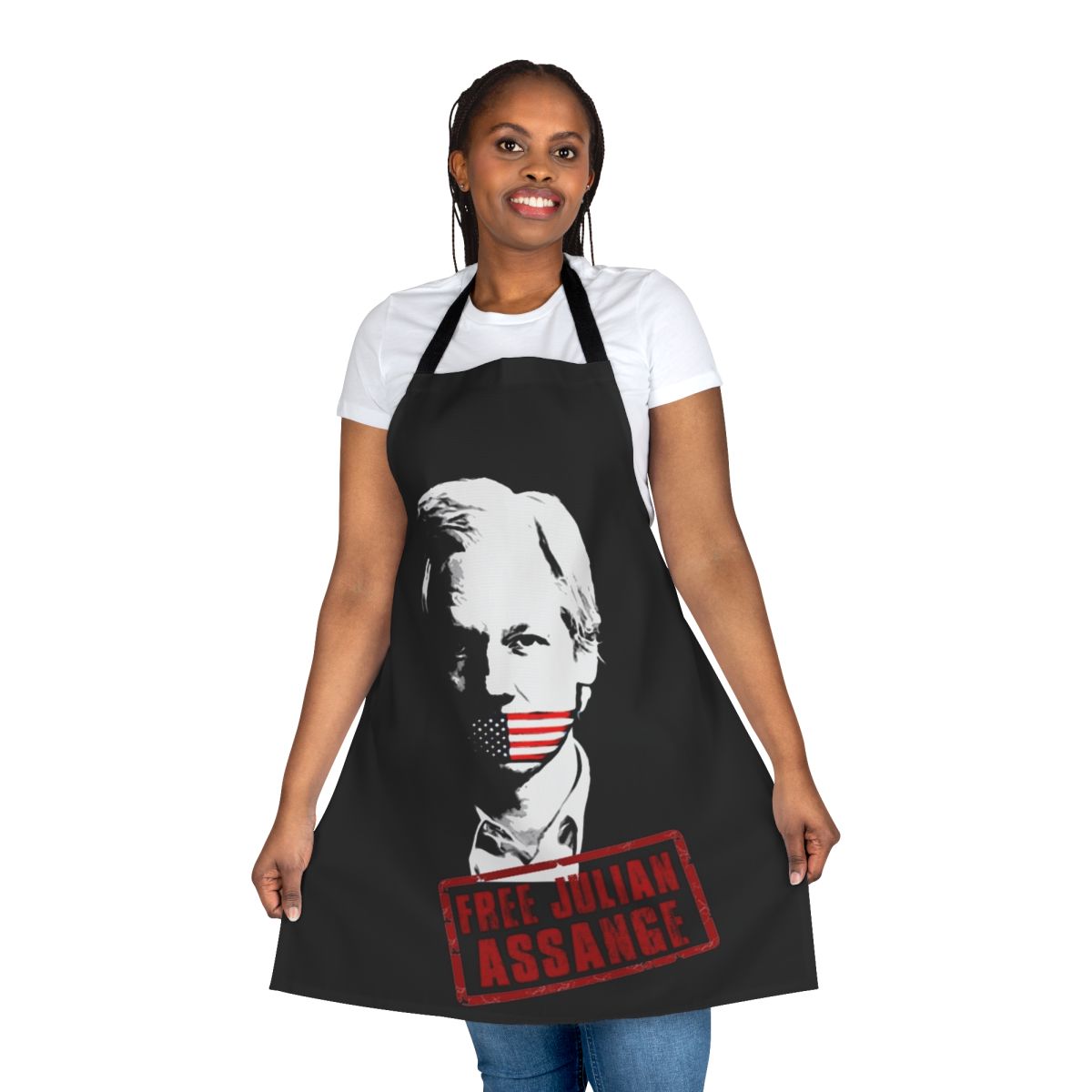 Activist apron with "Free Julian Assange" text and Wikileaks logo