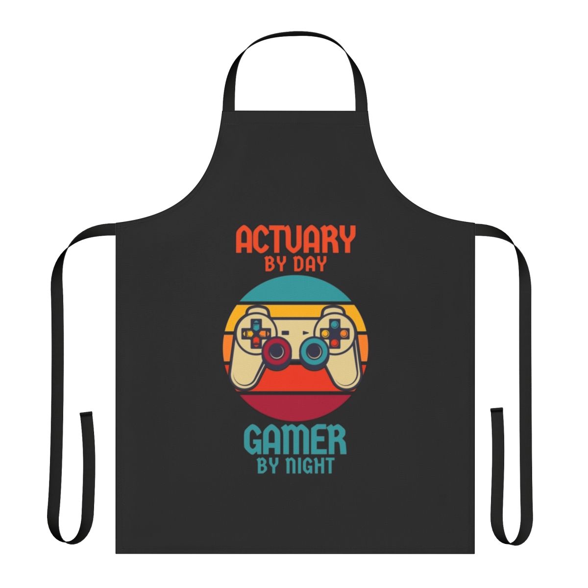 Stylish gray apron with retro gaming and actuary icons, perfect for actuaries who are also passionate gamers.