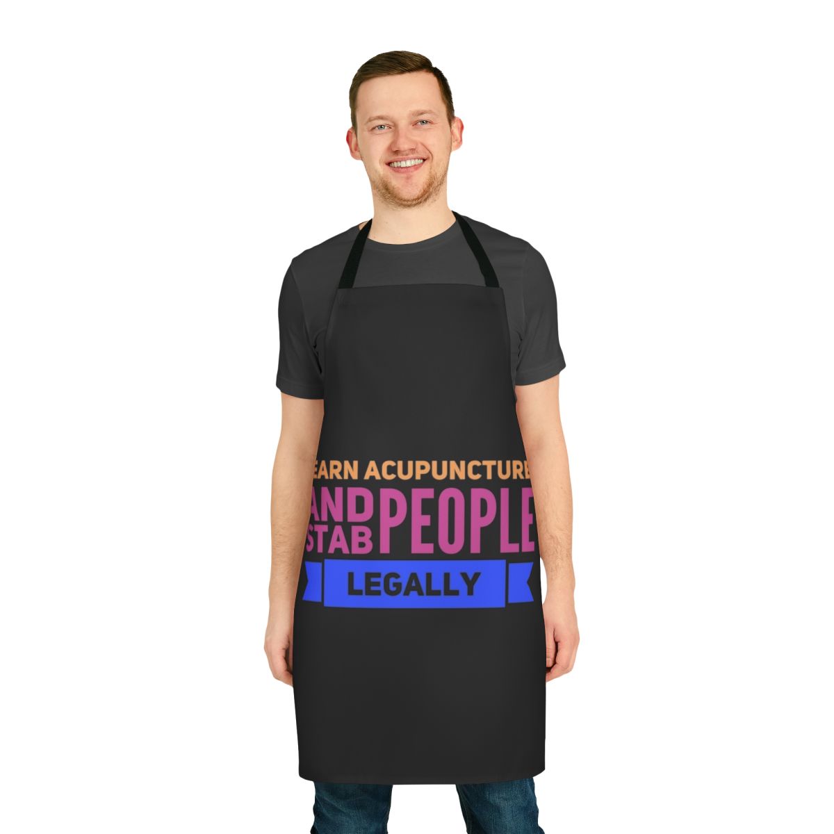 Acupuncture themed apron with needles and yin yang symbol