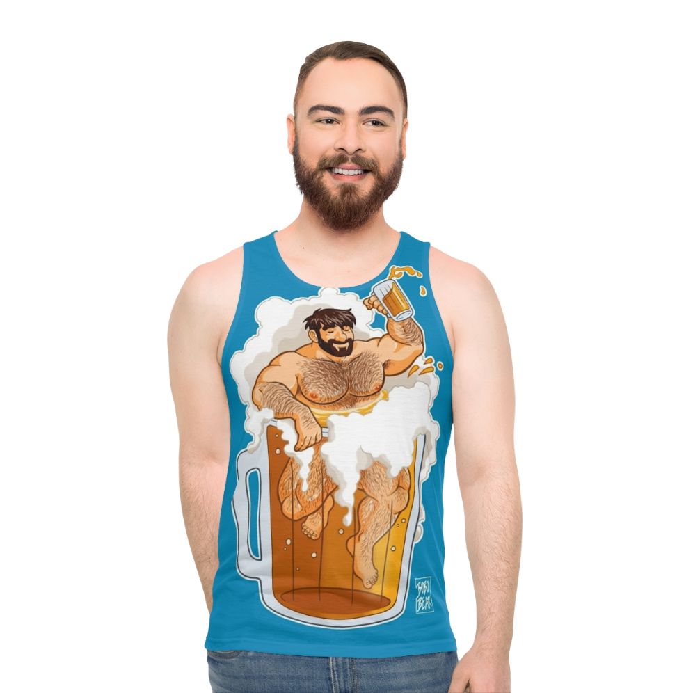 Unisex tank top with "Adam Likes A Big Beer" bear design