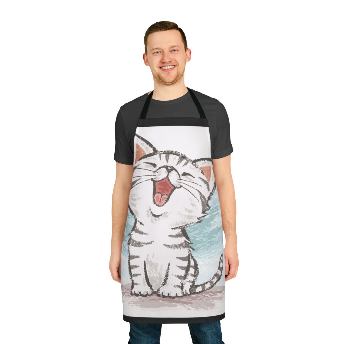 Illustration of a happy and smiling American Shorthair cat wearing a cute apron