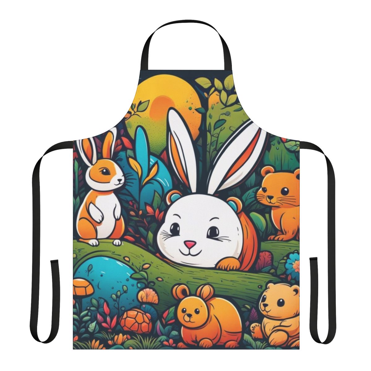 A colorful apron featuring a playful illustration of various cute animals, including a rabbit, bear, and tortoise.