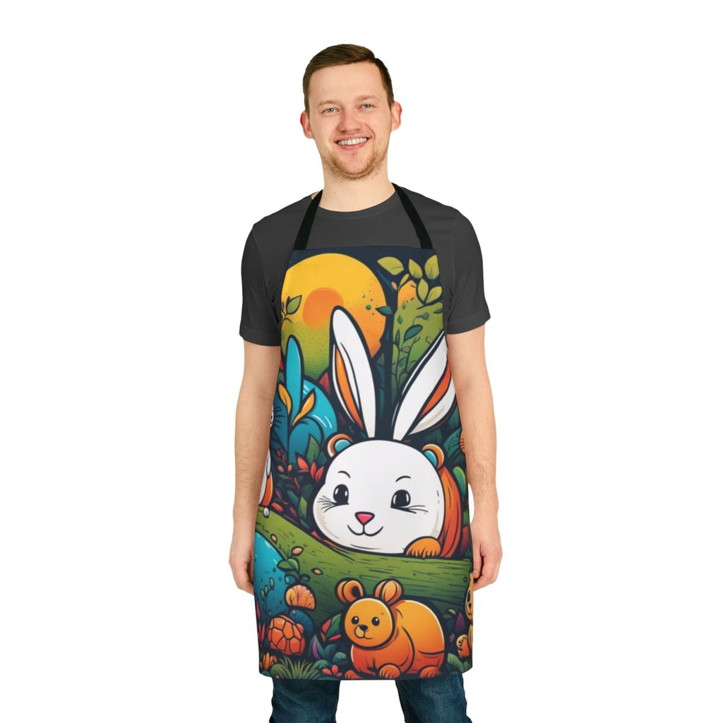 A colorful apron featuring a playful illustration of various cute animals, including a rabbit, bear, and tortoise.