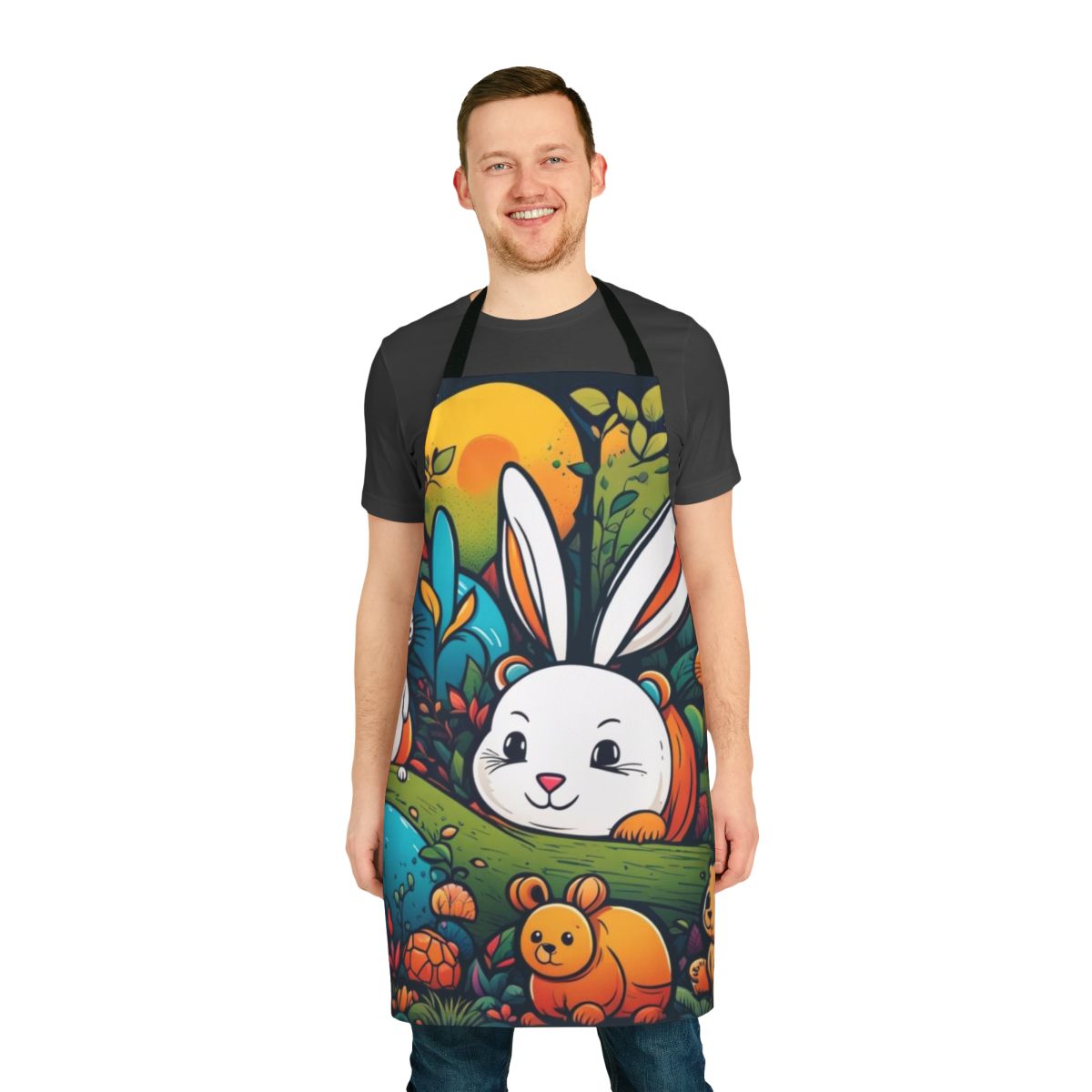 A colorful apron featuring a playful illustration of various cute animals, including a rabbit, bear, and tortoise.