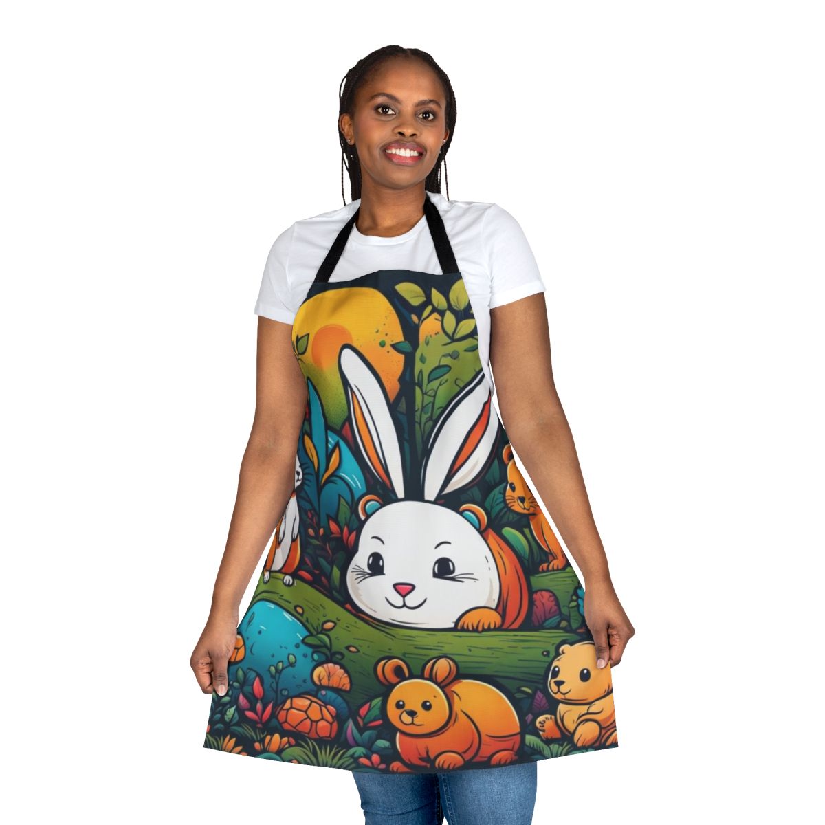 A colorful apron featuring a playful illustration of various cute animals, including a rabbit, bear, and tortoise.