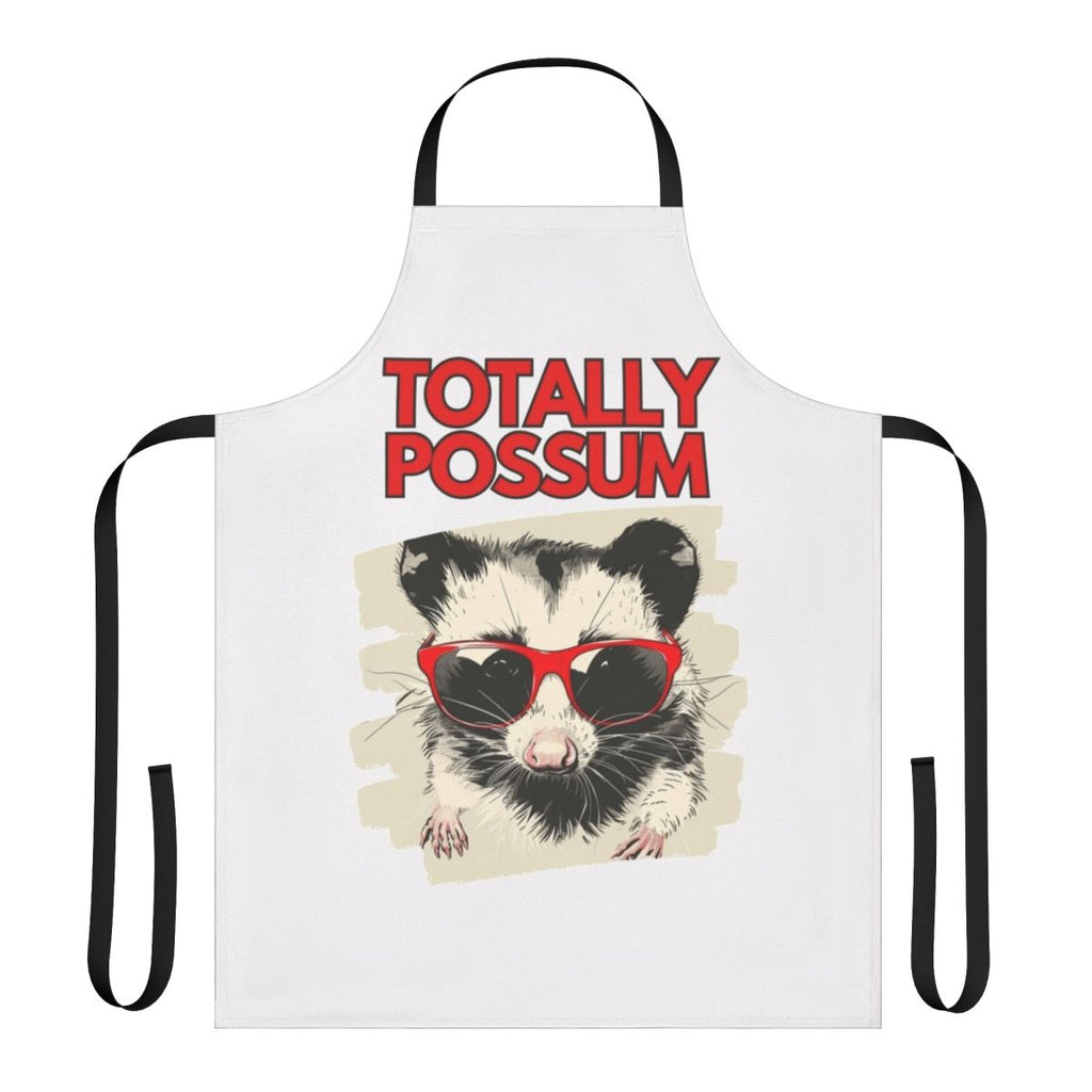 Cute and fuzzy possum or opossum design on a black and white animal print apron