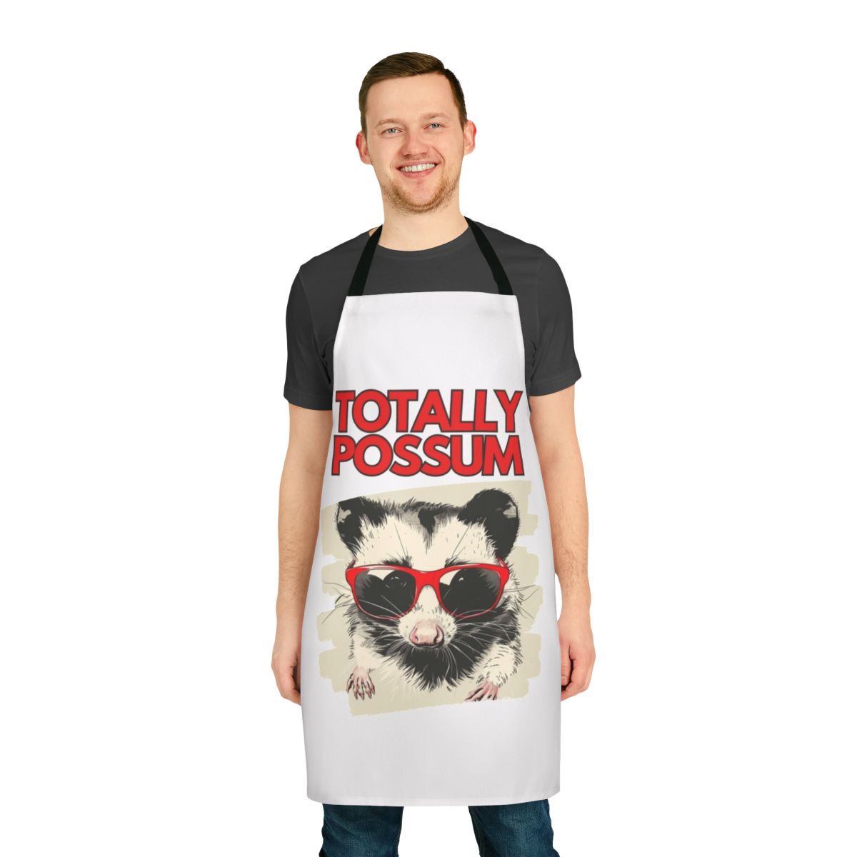 Cute and fuzzy possum or opossum design on a black and white animal print apron