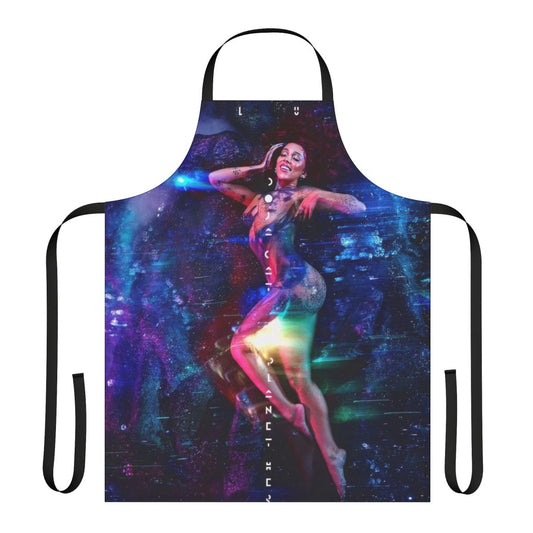 Colorful apron with an anime-style illustration of a cat in a loving pose