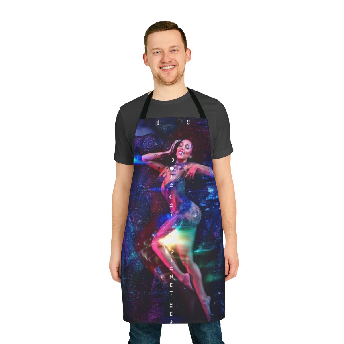 Colorful apron with an anime-style illustration of a cat in a loving pose