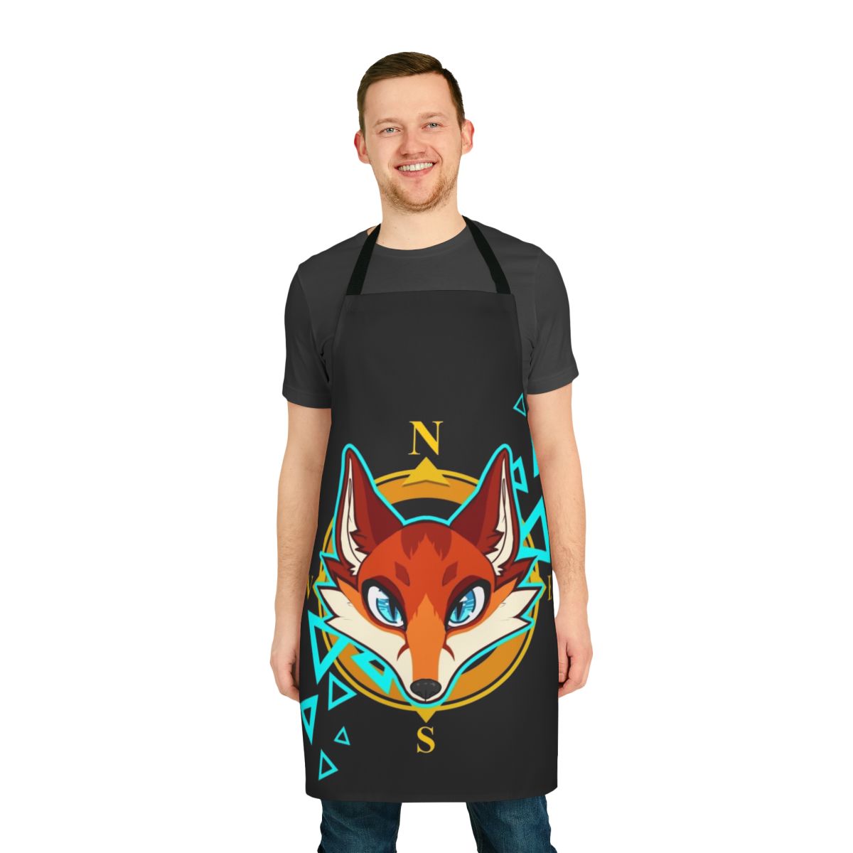 Anthropomorphic fox head design on an apron