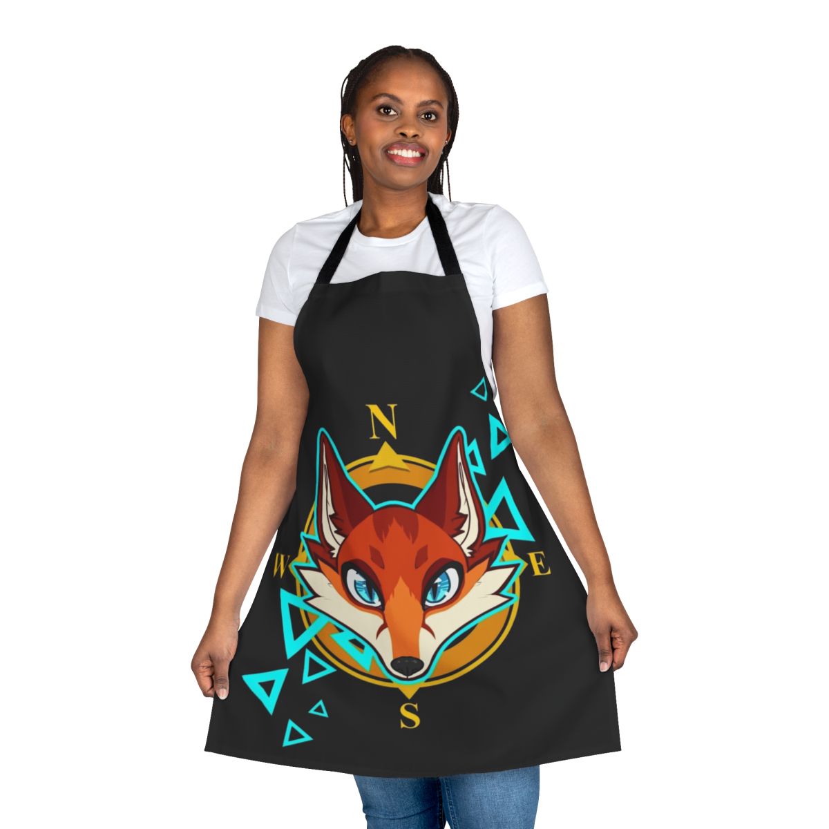 Anthropomorphic fox head design on an apron