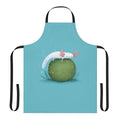Illustration of a cute axolotl sitting on a green moss-covered ball, featured on a kitchen apron