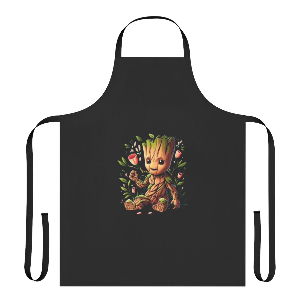 A stylish and whimsical apron featuring the beloved character Baby Groot from the Marvel universe.