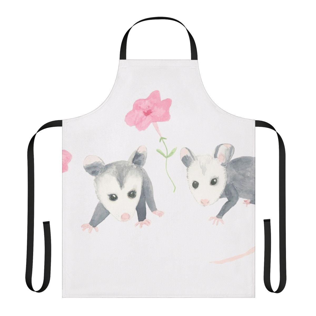 Vibrant floral apron featuring a cute baby opossum surrounded by pink petunia flowers