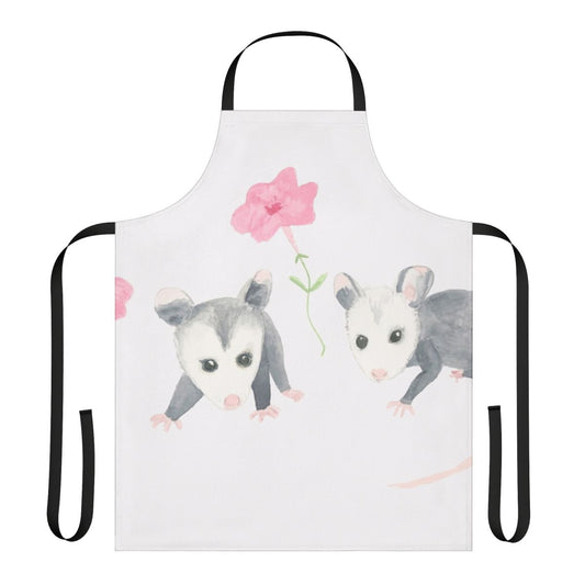 Vibrant floral apron featuring a cute baby opossum surrounded by pink petunia flowers
